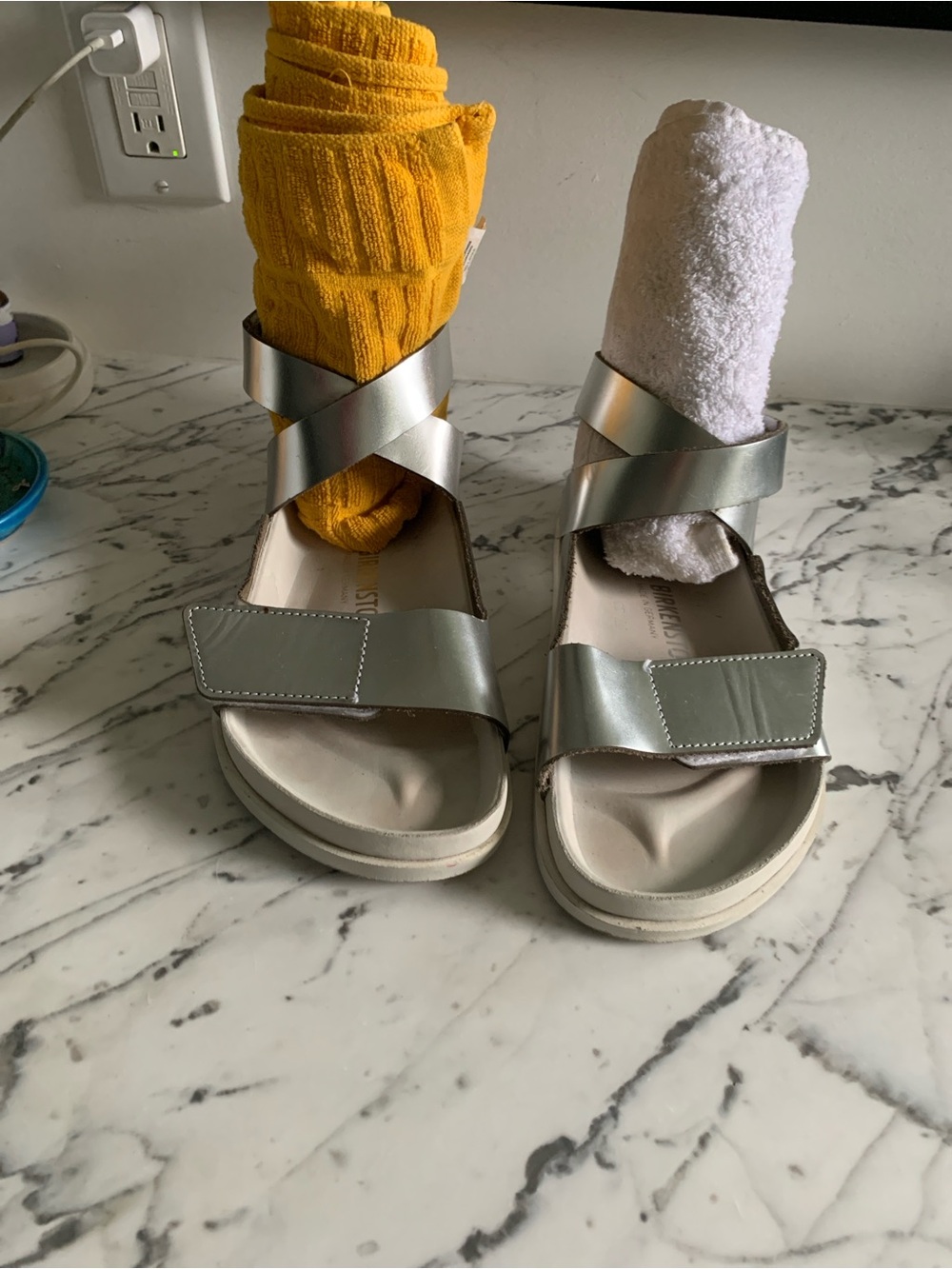 Birkenstock Men’s  Metallic Silver Crisscross Strap Sandals